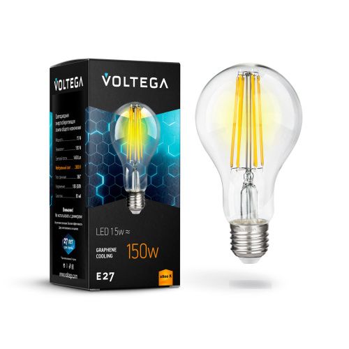 Лампа светодиодная филаментная Voltega E27 15W 2800К прозрачная VG10-A1E27warm15W-F 7104 